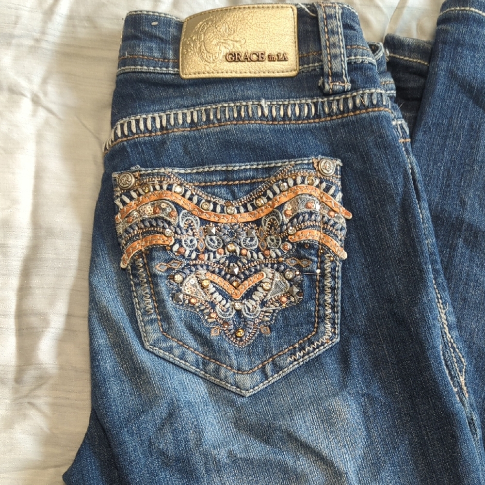 Grace in LA Women's Blue Jeans with Gold and Silver Accents